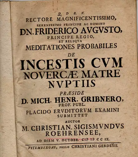 Röhrensee, Christian Sigismund: Juristische Dissertation. Meditationes probabiles de incestis cum novercae matre nuptiis. (Über Inzest und Beischlaf mit der Stiefmutter). 