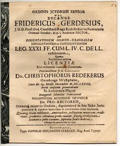 Redeker, Christoph: aus Osnabrück: Explicatio & conciliatio l. IV. C. cum lege XXXI. ff. de ll. Vorgebunden: Friedrich Gerdes: Promotionsankündigung von Redeker. 