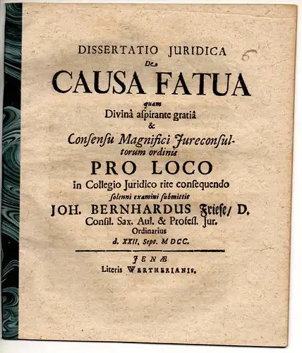 Friese, Johann Bernhard: Juristische Dissertation. De causa fatua. 