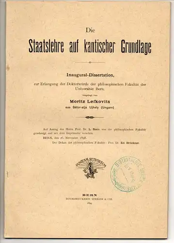 Lefkovits, Moritz: Die Staatslehre auf kantischer Grundlage. Dissertation. 