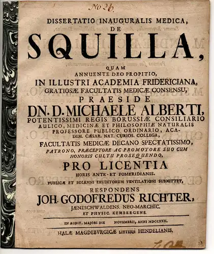 Richter, Johann Gottfried: aus Jänschwalde: Medizinische Inaugural-Dissertation. De squilla. 