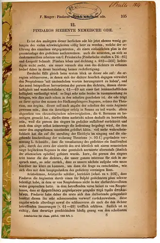Mezger, Friedrich: Pindaros siebente nemeische Ode; + Wilhelm Wagner: zu Plautus. Sonderdruck aus: Jahrbücher f. class. Philologie. 