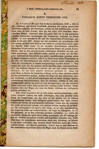 Bulle, Constantin: Pindaros achte nemeische Ode. Sonderdruck aus: Jahrbücher für classische Philologie 14, S. 15-25. 