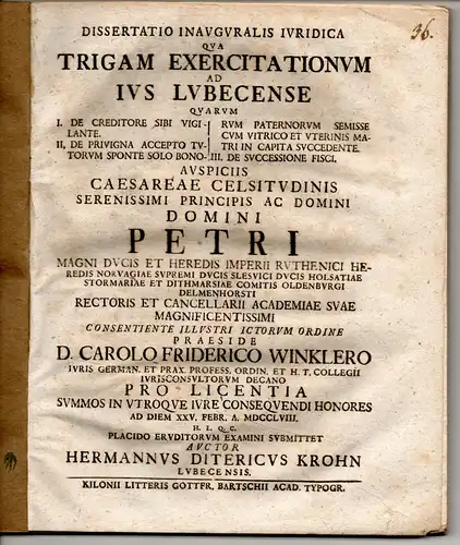 Krohn, Hermann Dietrich : aus Lübeck: Juristische Inaugural-Dissertation. Trigam Exercitationum Ad Ius Lubecense. 