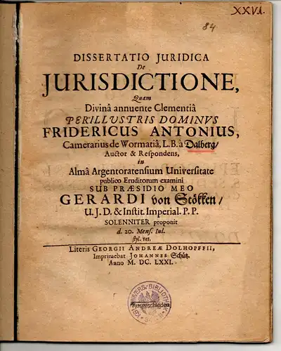 Dalberg, Friedrich Anton, von: Juristische Inaugural-Dissertation. De Jurisdictione. 