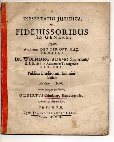 Erlenkamp, Gilbert: aus Hamburg: Juristische Dissertation. De fideiussoribus in genere. 