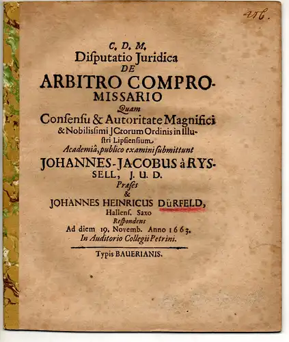 Dürfeld, Johann Heinrich: aus Halle: Juristische Disputation. De arbitro compromissario. 