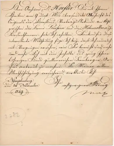 Maximilian II. Joseph, König von Bayern: Eigenhändiger einseitiger Brief mit Unterschrift vom 20. November 1849 an den Archivar Dr. Konstantin Höfler in Bamberg. 