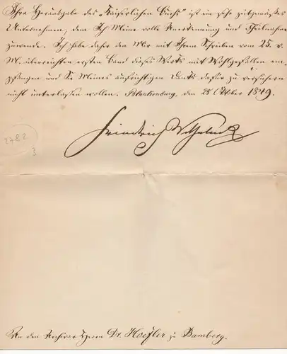 Friedrich Wilhelm IV., König von Preussen: Eigenhändiger einseitiger Brief mit Unterschrift vom 28. Oktober 1849 an den Archivar Dr. Konstantin Höfler in Bamberg. 