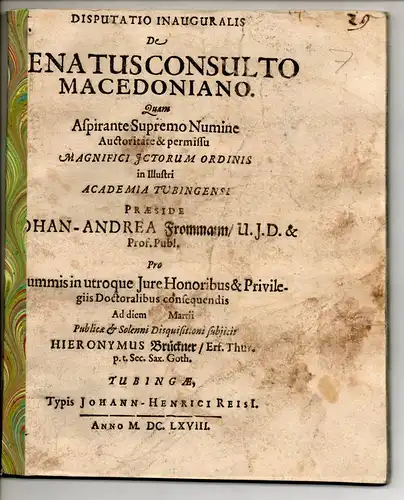 Brückner, Hieronymus: aus Erfurt: Juristische Inaugural-Disputation. De Senatusconsulto Macedoniano. 