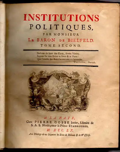 Bielfeld, Jakob Friedrich von: Institutions Politiques, Tomus premier et second (2 Bände komplett). 