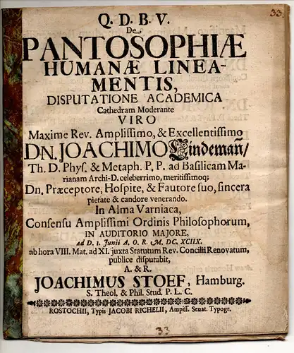Stoef, Joachim: aus Hamburg: Philosophische Disputation. De pantosophiae humanae lineamentis. 