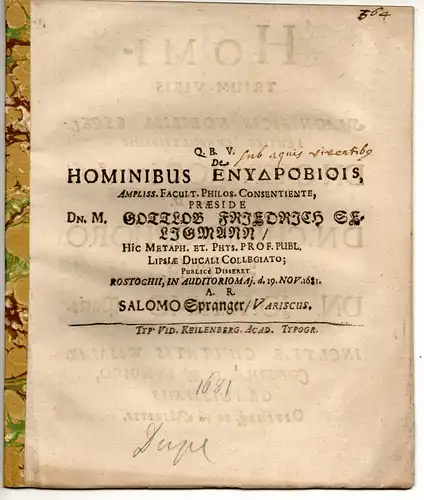 Spranger, Salomon: Philosophische Disputation. De hominibus enydrobiois. 