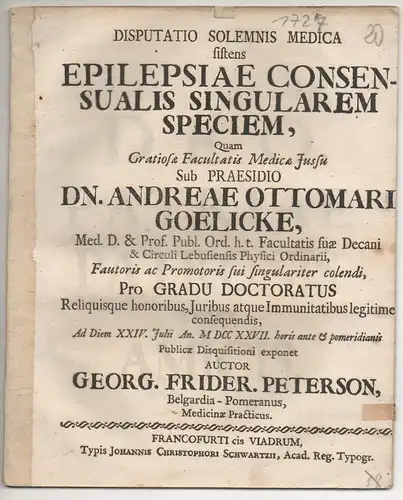 Peterson, Georg Friedrich: aus Belgard: Medizinische Disputation. Epilepsiae consensualis singularem speciem. 