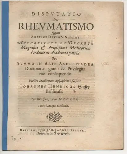 Glaser, Johann Heinrich: aus Basel: Medizinische Disputation. De rheumatismo. 