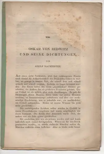 Bacmeister, Adolf: Oskar von Redwitz und seine Dichtungen. Sonderdruck aus: Jahrbuch für deutsche Sprache, Literatur und Kunst 1856, 215-240. 