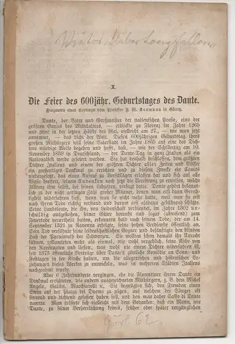Kaumann, F. W: Die Feier des 600jähr. Geburtstages des Dante. Sonderdruck aus: Neues lausitzisches Magazin 39, 295 - 328. 