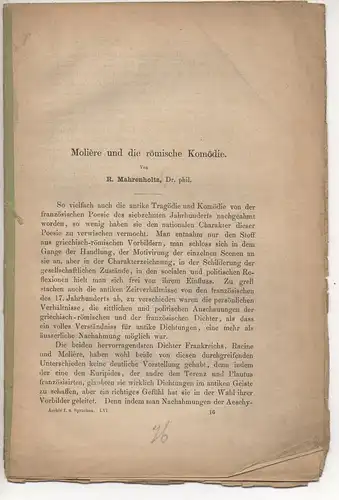 Mahrenholtz, R: Molière und die römische Komödie. Sonderdruck aus: Archiv für das Studium der neueren Sprachen 56, 241-264. 