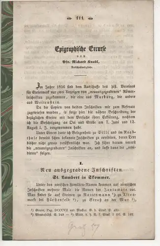 Knabl, Richard: Epigraphische Excurse. Sonderdruck aus;  Mittheilungen des Historischen Vereines für Steiermark 7, 111-126. 