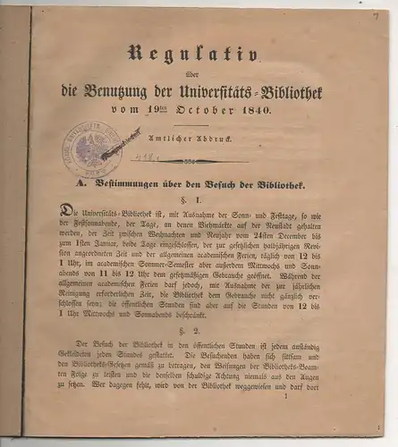 Regulativ über die Benutzung der Universitäts-Bibliothek [zu Rostock] vom 19. October 1840 - amtlicher Abdruck. 