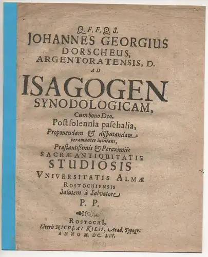 Dorsche, Johann Georg : aus Strassburg: Ad Isagogen Synodologicam. Universitätsprogramm. 