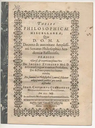Gernand, Johann Casimir: aus Heidelberg: Theses philosophicae miscellaneae. 