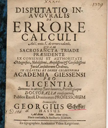 Scheffer, Georg  aus Hessen: De errore calculi (Über den Rechnungsfehler). 