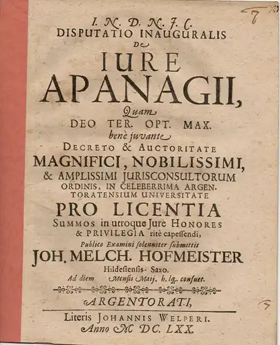 Hofmeister, Johann Melchior  aus Hildesiensis/Saxo: De iure apanagii (Über das Abfindungsrecht). 