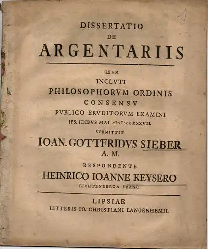 Keyser, Heinrich Johann aus Lichtenberg, Franken: De argentariis (Über Geldwechsler). 