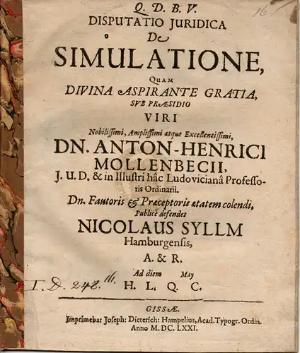 Syllm, Nicolaus aus Hamburg: De simulatione (Über die Täuschung). 