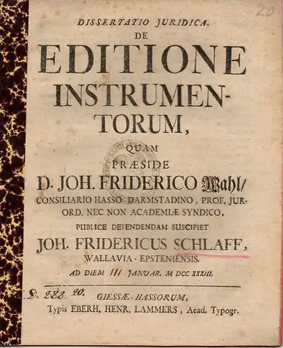 Schlaff, Johann Friedrich: aus Wallau-Epstein: De editione instrumentorum (Über die Herausgabe von Urkunden). 