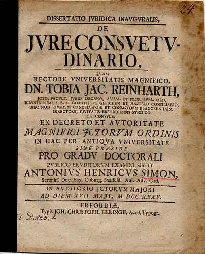 Simon, Anton Heinrich: aus Saalfeld: De iure consuetudinario (Vom gewöhnlichen Recht). 