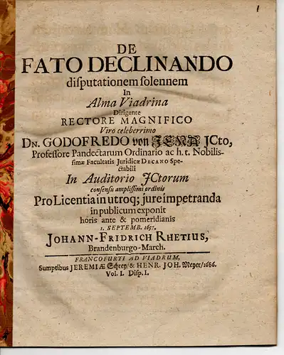 Rhetius, Johann Friedrich: aus Brandenburg: De fato declinando (Über das abzuwendende Schicksal). 