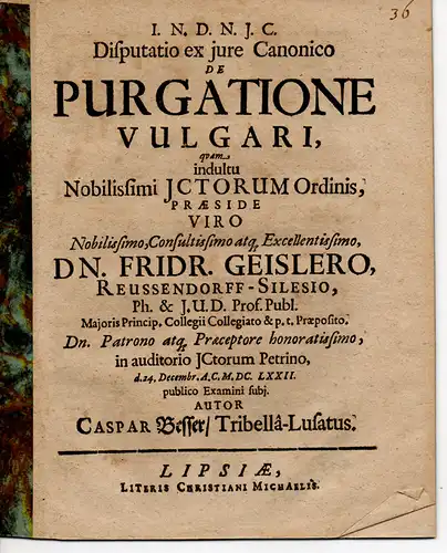 Besser, Caspar: aus Triebel: Disputatio ex iure canonico de purgatione vulgari (Über die gewöhnliche Rechtfertigung). 