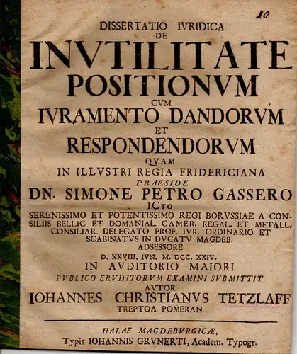 Tetzlaff, Johann Christian: aus Treptow: De inutilitate positionum cum iuramento dandorum et respondendorum. 