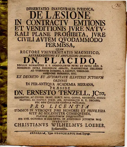 Loeber, Christian Wilhelm: De laesione in contractu emtionis et venditionis iure naturali plane prohibita, iure civili autem quodammodo permissa (Über das Verbot nach natürlichem Recht.. 