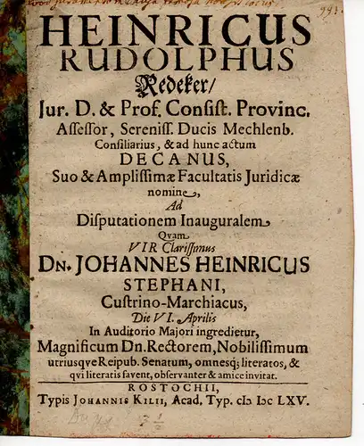 Redecker, Heinrich Rudolph: iur. d. prof. consist. provinc. assess. ... ad disputationem inauguralem, quam vir clarissimus Dn. Johannes Heinricus Stephani ... Invitat (Einladung). 