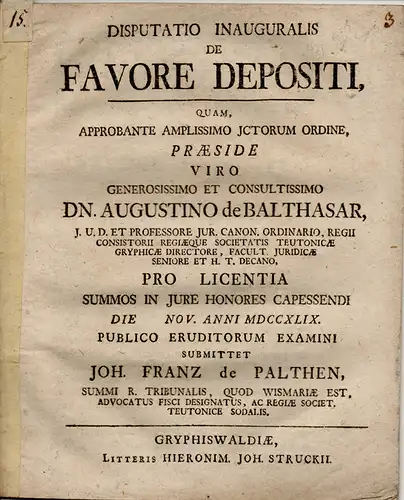 Palthen, Johann Franz von: De favore depositi (Über die Begünstigung des Verwahrungsvertrages). 