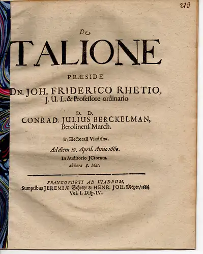 Berckelmann, Conrad Julius: aus Berlin: De talione (Über die Wiedervergeltung). 