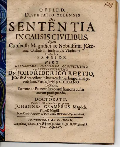 Cramer, Johann: Aus Magdeburg: De sententia in causis civilibus (Vom Urteilsspruch in bürgerlichen Prozessen). 