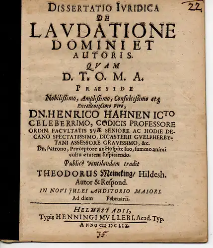 Meineking, Theodor: aus Hildesheim: De laudatione domini et autoris (Über Lobpreis des Herrn und Schöpfers). 