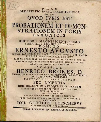 Löscher, Johann Gottlieb: De eo quod iuris est circa probationem et demonstrationem in foris Saxonicis (Über die rechtlich korrekte Probation und Demonstration bei sächsichen Gerichtshöfen). 