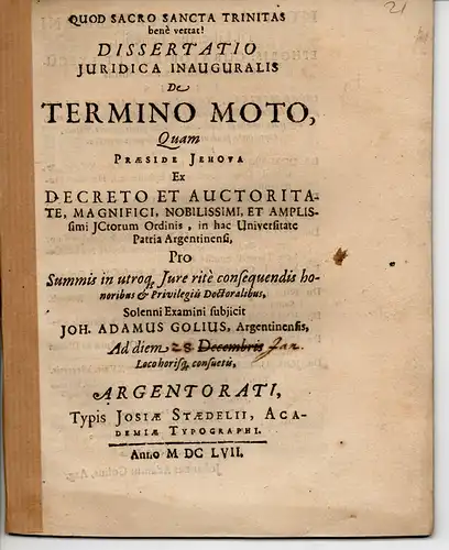 Golius, Johann Adam: Aus Straßburg: De termino moto (Über eine bewegte Grenze). 