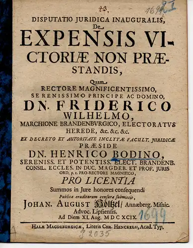 Höltzel, Johann August: aus Annaberg: De expensis victoriae non praestandis (Über nicht zu entrichtende Kosten für den Sieg). 