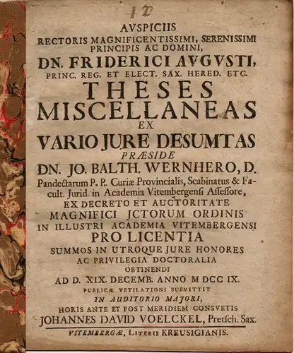 Wernher, Johann Balthasar von: Theses miscellaneas ex vario iure desumtas (Verschiedene Thesen zu unterschiedlichen juristischen Fragen). 