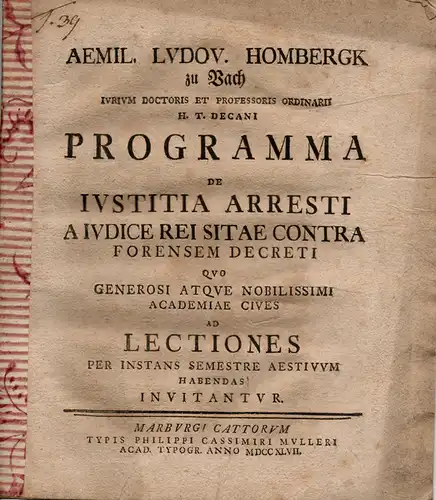 Hombergk zu Bach, Emil Ludwig: Programma de iustitia arresti a iudice rei sitae contra forensem decreti (Programm über die Gerechtigkeit eines Arrestes, der vom Richter.. 