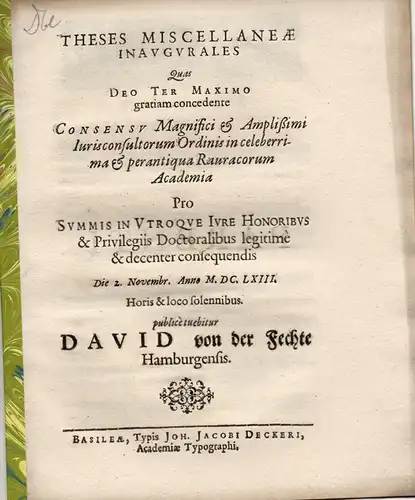 Fechte, David von der: aus Hamburg: Theses miscellaneae inaugurales (Verschiedene juristische Thesen). 