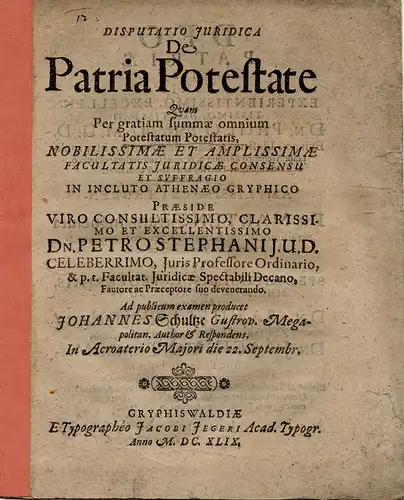 Schultze, Johannes aus Güstrow: De patria potestate (Über die Macht des Vaterlandes). 