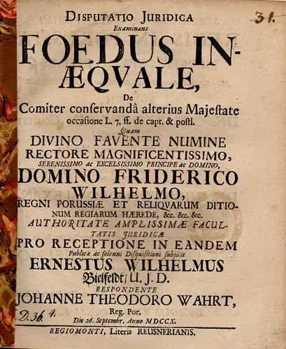 Wahrt, Johann Theodor aus: Foedus inaequale de comiter conservanda alterius Majestate occasione L. 7. ff. de capt. & postl (Ungleiches Bündnis). 
