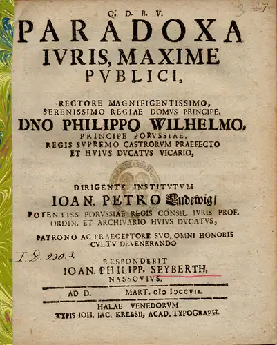 Seyberth, Johann Philipp: aus Nassau: Paradoxa des öffentlichen Rechts. Paradoxa iuris, maxime publici. 